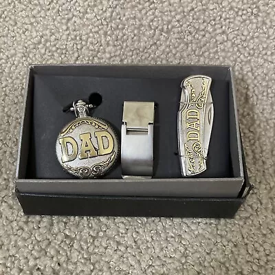 Dad Gift Set - Silver And Gold Colored Pocket Watch Money Clip Pocket Knife • $34.99