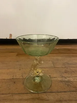 Murano Salviati Italy Venetian Art Glass Delicate Green Goblet Glass  5” Fish • $49.99