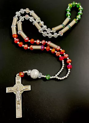 Vintage Catholic Colors Of Mexico Chunky Crystal Rosary St Benedict Crucifix • $15.99