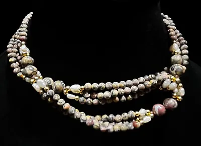 Handmade Natural Leopard Skin Jasper White Pearls Gold Plated Beads Necklace VTG • $59.99