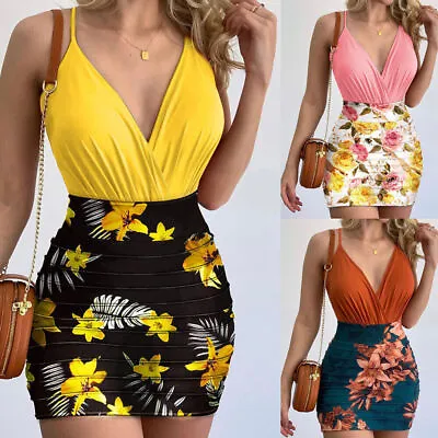 £7.99 • Buy Sexy Womens Leotard Top Cami Floral Micro Mini Skirt Ladies Cocktail Dress Club
