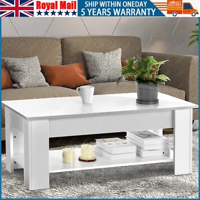 Wooden Coffee Table With Storage Matte White Lift Up Sofa End Table Living Room • £59.99