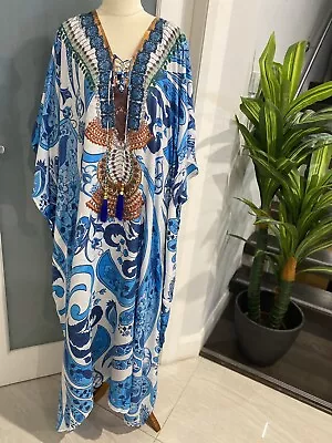 New Women Silk Mix Long Kaftan/ Resort Wear Soft And Flowy V Neck Free Size • $95