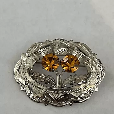 Vintage Sterling Silver Scottish Thistle Pin Brooch WBS Ward Bros Amber Stones • $25.49