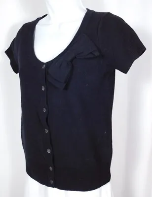 J CREW Women's Black Wool Scoop Neck Bow Trim Short Sleeve Cardigan Sweater Sz S • $28