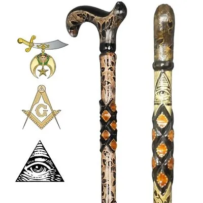 Mason Symbol Embroidered Walking Stick Handmade Snake Pattern Wooden Carved Cane • $389