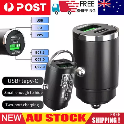 Mini Car Phone Charger Max 100W Type-C QC3.0 USB Dual Port Fast Charging Adapter • $12.89