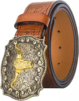 Western Cowboy PU Leather Belt - Men Waist Strap Bull Decoration Floral Engraved • $15.29
