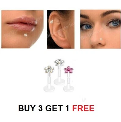 £3.49 • Buy Labret Bars Tragus Helix - BIO FLEX Lip STUD / Monroe - Push In Crystal Flower