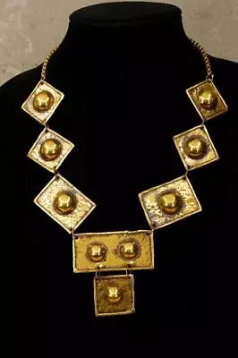 Vintage Artisan Jewelry Brass Brutalist Exart Mexico Geometric Link Necklace • $94.99