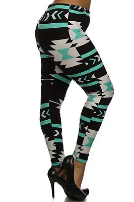 Plus Size Leggings XL-2X Polyester Spandex Black Aqua White Tribal Print EEVEE • $16.28