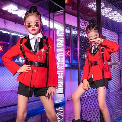 New Street Dance Clothes Girls Red Jacket Shirt Kids Hip Hop Dance Costumes • $222.68