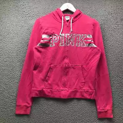 Pink Victoria's Secret Jacket Hoodie Women's Medium M Full Zip Graphic Pink Gray • $24.99