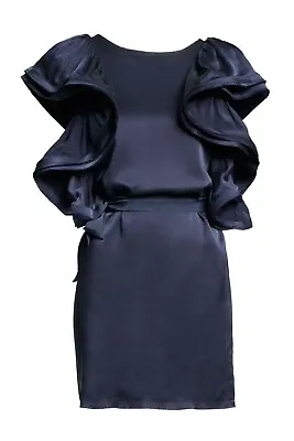 Lanvin H&m Rare Dark Blue Silk Ruffle Party Dress Uk 14 Eu 40 Us 10 Medium Bnwt • $186.67