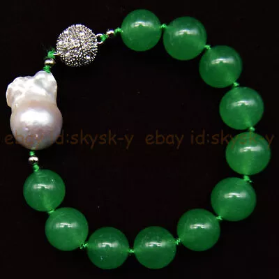 Huge 14mm Natural Green Jade & 13x18mm White Keshi Baroque Pearl Bracelet 7.5'' • $16.99