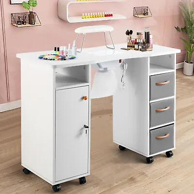 White Manicure Table Nail Desk Beauty With Dust Collector Drawer+Wheel+Wrist Pad • $199.99