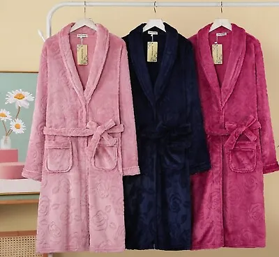 DESIGNER Womens Fluffy Fleece Bathrobe Soft Warm Dressing Gown Bath Robe Ladies • £13.99