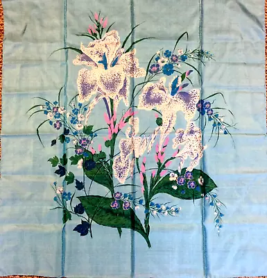 Thai Silk Blue Scarf With Lilies Square Please Read All • $28