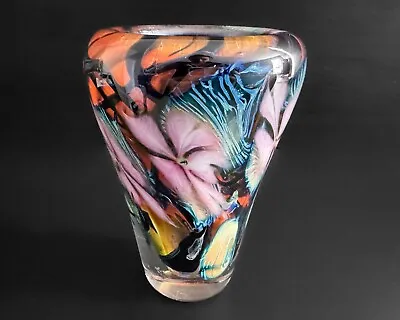 David Lotton 7.5  Blue Purple Orange Flower Art Glass Vase Paperweight 1989 • $1500