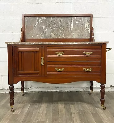 Antique Victorian Marble Top Washstand Sideboard Buffet Server With Towel Bar • $949