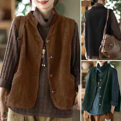 UK Women Corduroy Sleeveless Tank Tops Vest Casual Loose Top Coat Jacket Plus • £17.99