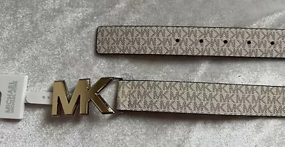 NWT Michael Kors Women 556275 Gold Tone MK Logo Buckle Signature Vanilla Belt M • $38.99