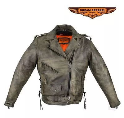 Leather Motorcycle Biker Women's Distressed Brown Leather Jacket With Side Laces • $149.99