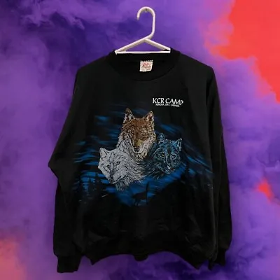 Vintage 90s Canada Three Wolves Heads Print Black Sweatshirt Jumper! • $49.99