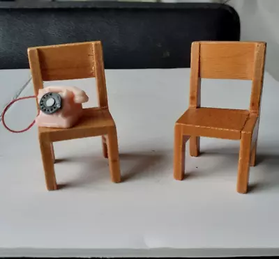 Vintage Dolls House Furniture - 2 Wooden Dining Chairs + Pink Plastic Telephone • $7.46