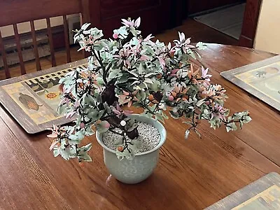 Vtg Chinese Jade Glass Stone Bonsai Floral Tree Large Pink Coral White Flowers • $100