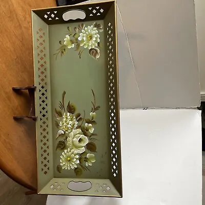 Vintage Nashco Hand Painted Gold  Floral Serving Tray 22” Signed Cutout Handles • $29.99