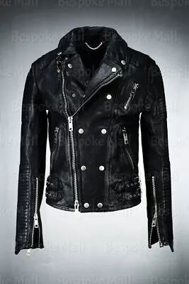 New Men's Punk Unique Button Quilted Zippered Cowhide Biker Leather Jacket-649 • $165.29