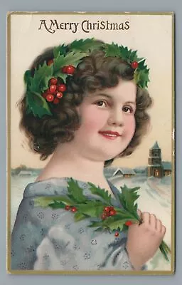 A Merry CHRISTMAS Cute Smiling Girl With Holly Vintage 1911 Postcard • $4.99