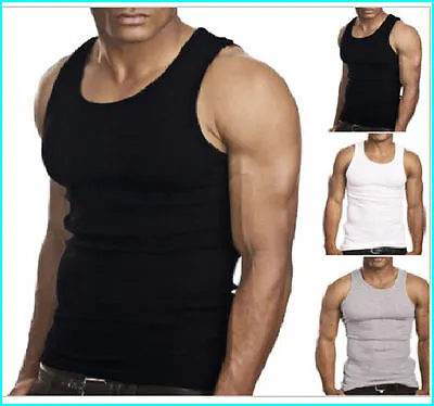 Mens 100% Cotton Fitted Fine Ribbed Vests Sleeveless Gym Training Summer Tanktop • £5.75