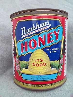 VTG 1939-1940s BRADSHAW'S HONEY TIN 5 LB KEY-WIND CAN W BEE HIVE WENDELL IDAHO • $49.99