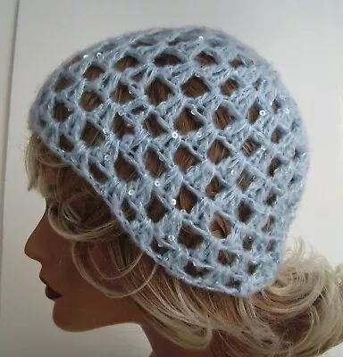 New Blue Sequin Sparkle Open Weave Beanie Hat Hand Made Crochet Beret Skull Cap • $15