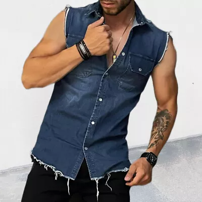 Denim T-shirt Men's Lapel Sleeveless Vest Cardigan Button Up Muscle Tank Top Tee • $27.83