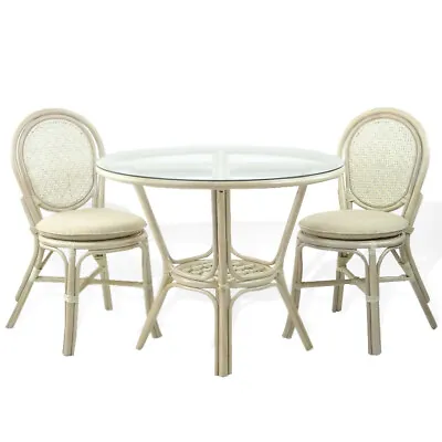 Rattan Dining Set Of 2 Denver Side Chairs And Round Table Glass Top White Wash • $975