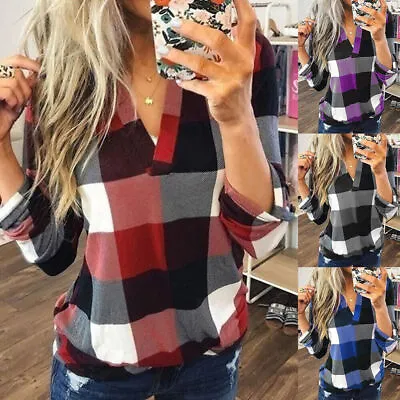£10.59 • Buy Plus Size Womens V Neck Loose Tops Blouse Ladies Plaid Check Long Sleeve T Shirt
