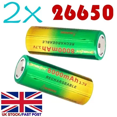 2pc 26650 Batteries 3.7V Rechargeable   Battery Flat Top Battery 26650 • £15.20