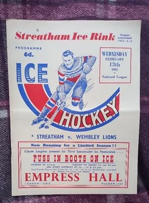 Ice Hockey Programme 13 February 1952 - STREATHAM V. WEMBLEY LIONS • £6.99