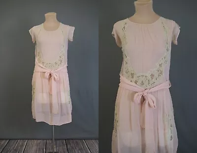 Vintage 1920s Sheer Pink Dress Silk Crepe & Lace Flapper 32 Bust With Issues • $40