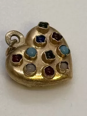 Antique Multi Gem Set Puffy Heart Pendant / Charm 9ct Gold Hallmarked • £295