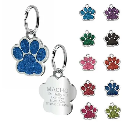 £3.95 • Buy Dog Tag Cat Pet  ID Collar Tags Engraved 27mm Glitter Paw Personalised Any Name