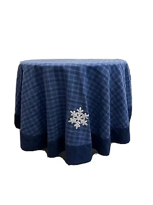 Vintage Round 55 In Tablecloth Reversible Blue/Blue Plaid Embroidered Snowflake • $13