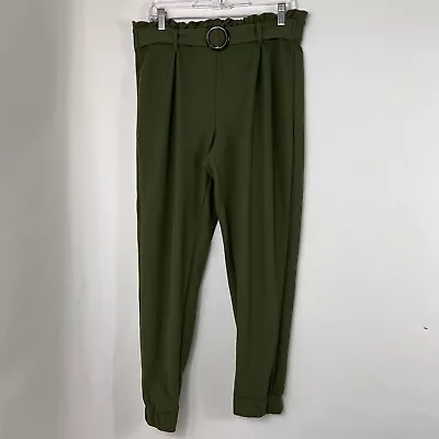 Full Circle Pants Women's Large Green Tapered Leg Jogger Faux Belt High Rise • $19.99