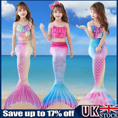 Girls Mermaid Tail Swimming Costume Swimmable Bikini Set Summer Swimsuit UK • £11.79