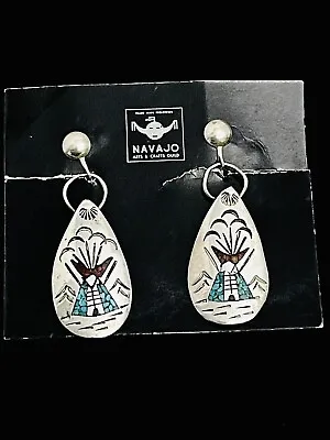 Vintage Navajo Earrings Sterling Silver Turquoise Coral Teepee Mountains Cloud • $76.70