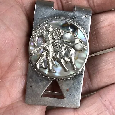 Vintage Signed Sterling Silver Abalone Matador Bull Money Clip Mexico • $29.99