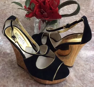  Michael Michael Kors Gideon Black Suede Gold Wedge Sandal Sz 6.5 EUC! MSRP $199 • $74.99